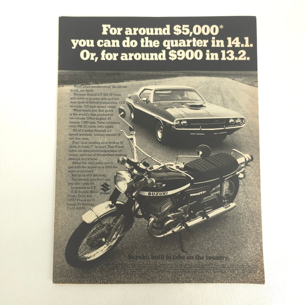 Suzuki T-500 III Titan Print Ad 1970 Racing Garage Wall Art Car Show Display